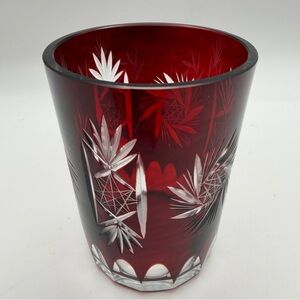 Vtg Bohemian Romania Glass Ruby Red Cut to Clear Crystal Starburst Drink-ware 4”